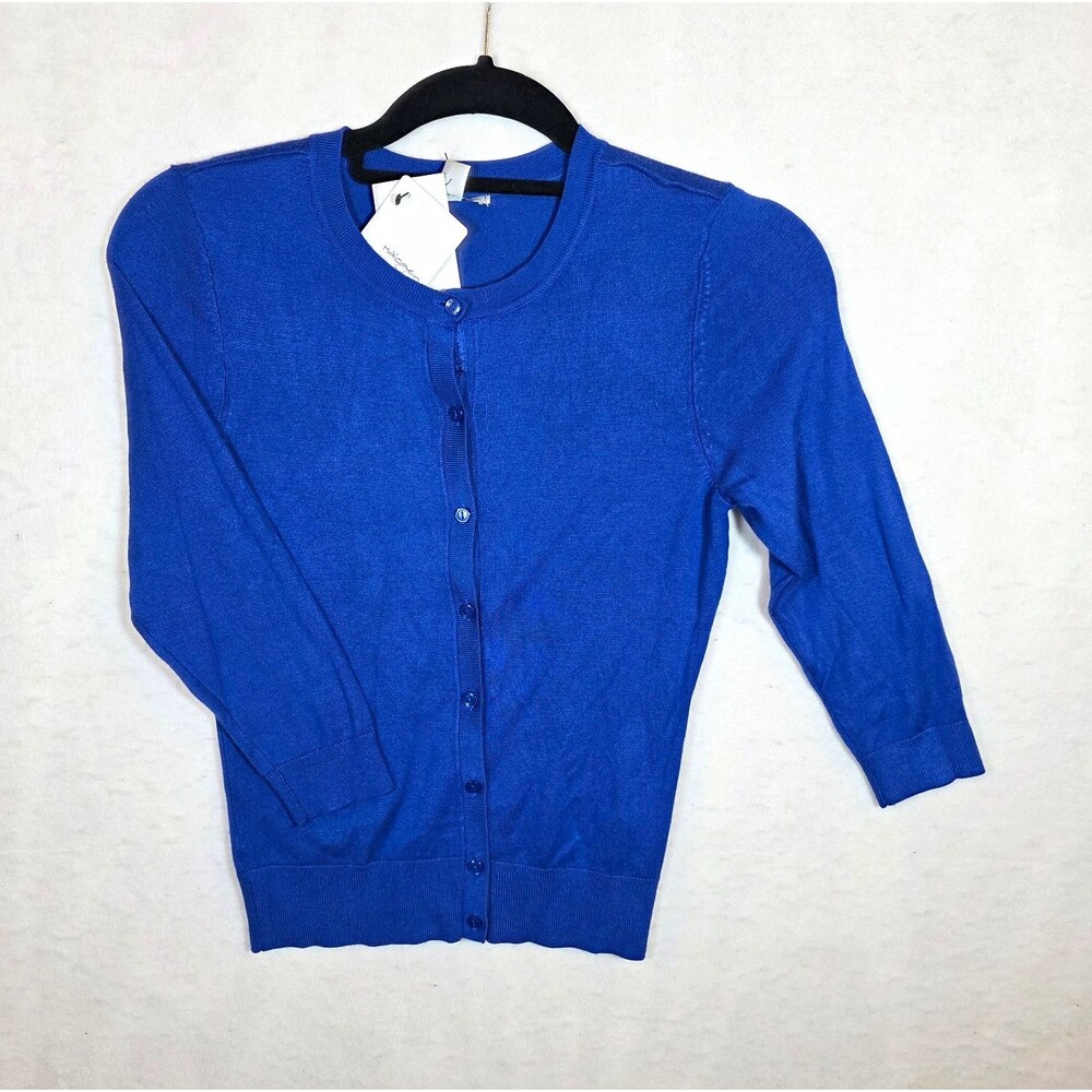 Halogen Blue Button-Front Knit Cardigan Sweater Women's XS Crew Neck 3/4 NWT